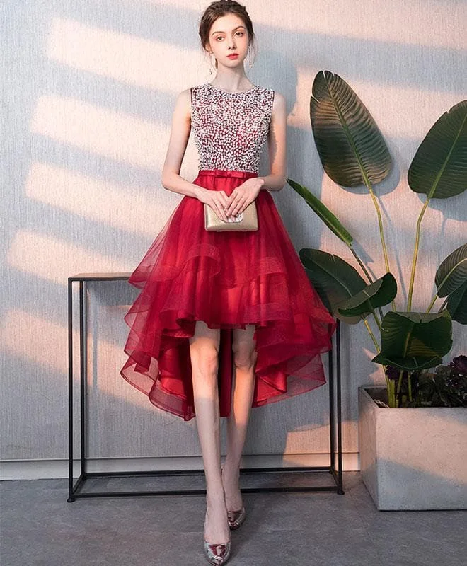 Burgundy Tulle Round Neck Sequin Short Prom Dress, Burgundy Homecoming Dress