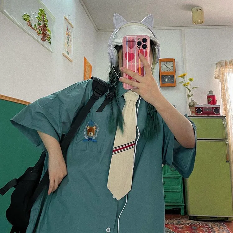 Korean Fashion Bear Embroidery Shirt With Tie TK192