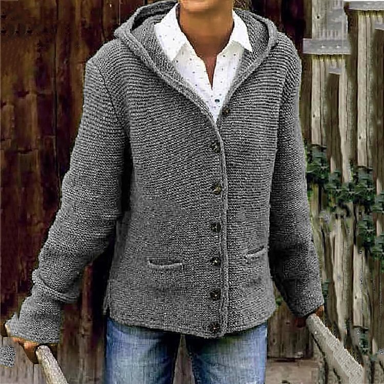 Vefave Vintage Double Pocket Hooded Solid Sweater Cardigan