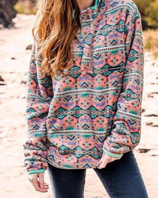 Boho Print Casual Stand Collar Cotton Sweatshirt