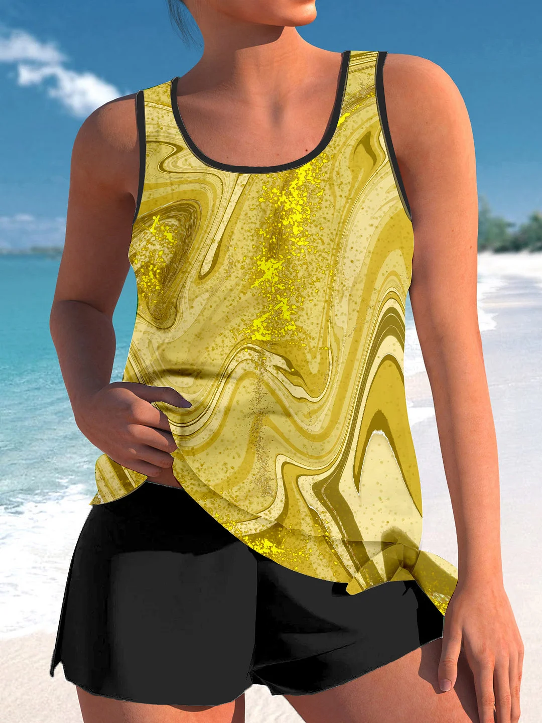 Bowknot Yellow Graphic Printed Mid Waisted Tankini Set - Plus Size Available