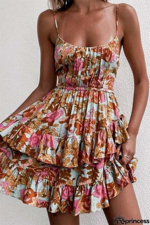 Summer Flowers Double Ruffle Suspender Mini Dress