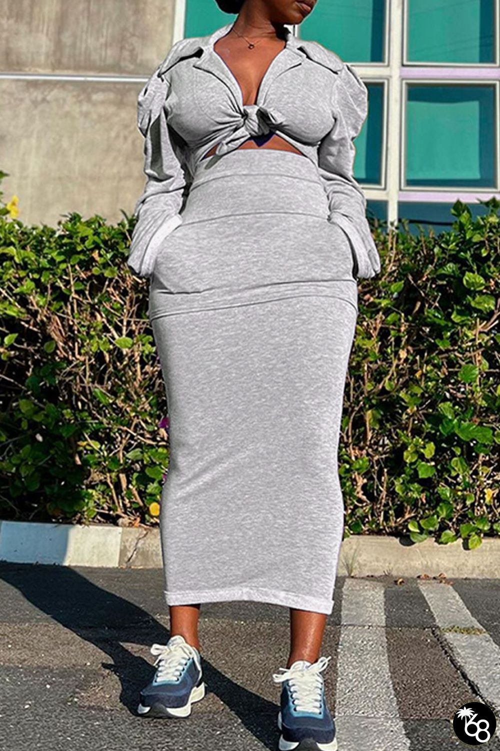 Grey Casual Solid Bandage Patchwork Turndown Collar Long Sleeve Two Pieces | 168DEAL