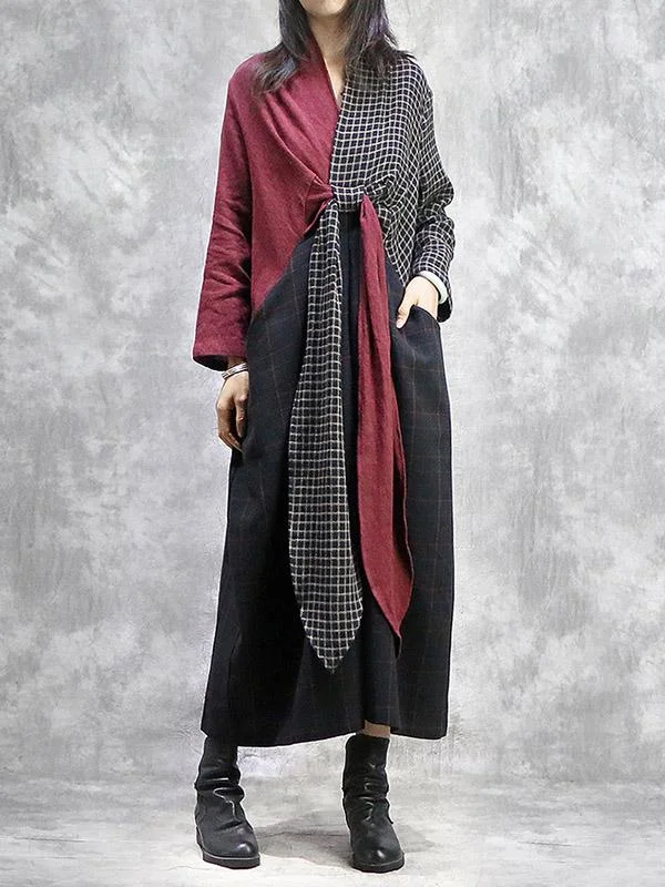Stitched Plaid Chest Cross V-Neck Maxi Dress