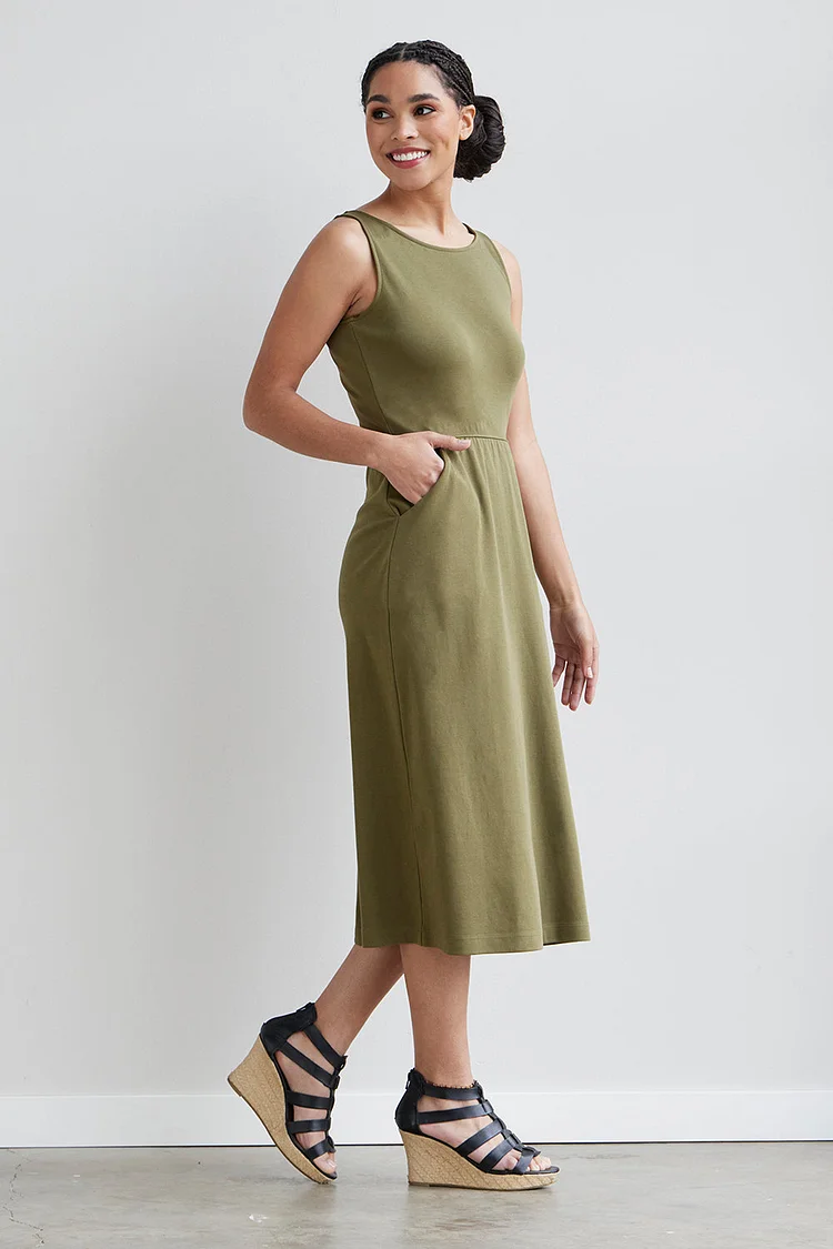 Women's 100% Organic Cotton Sleeveless Midi Dress with Pockets