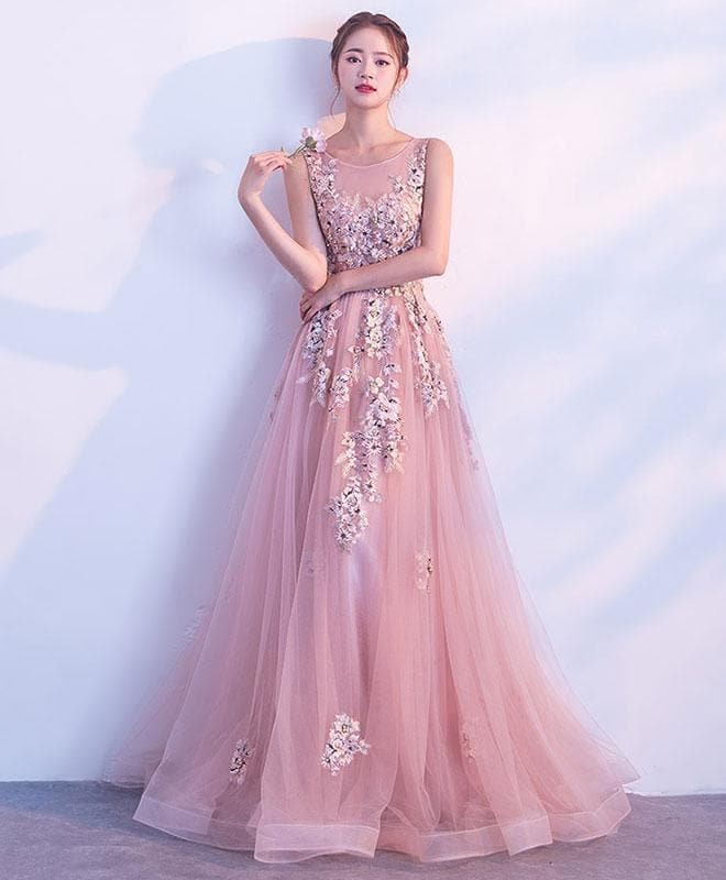 Pink Round Neck Tulle Long Prom Dress, Lace Evening Dress