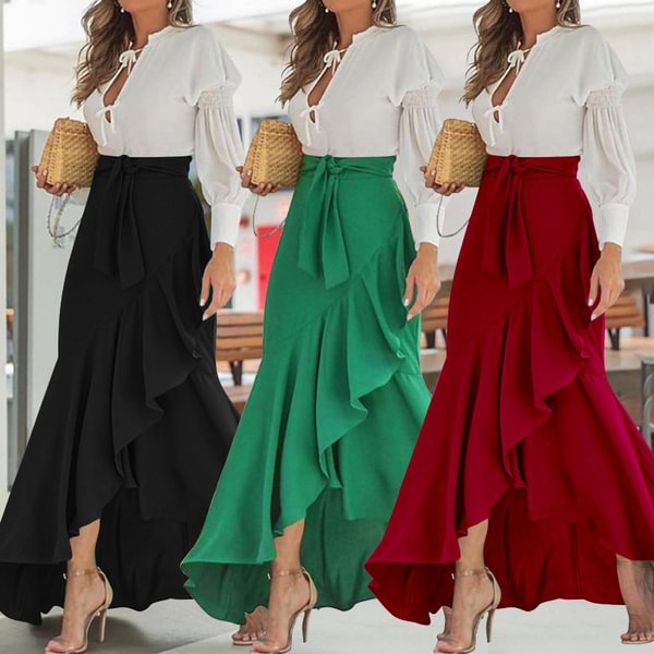 Women Ruffles Hem Mermaid Skirt Maxi Saia Elastic High Waist Asymmetrical Party Elegant Casual Long Skirt Plus Size