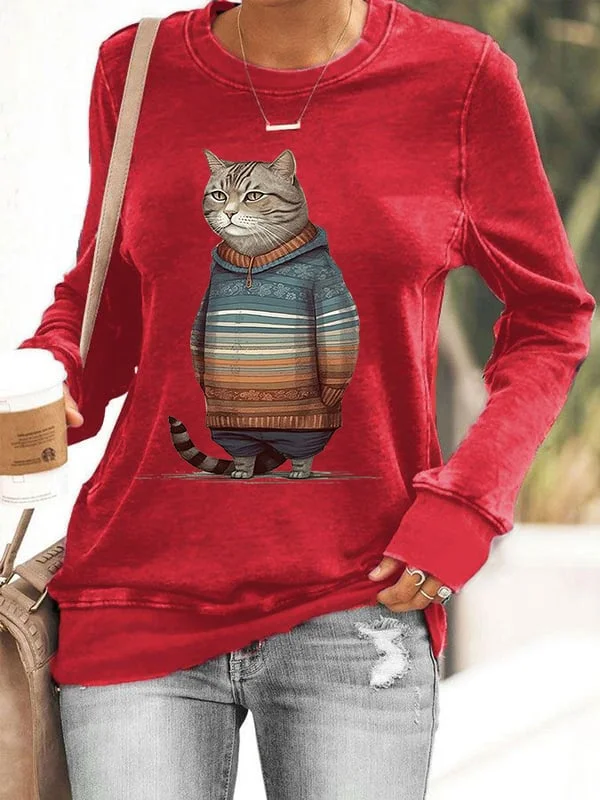 Women's Winter Cat Print Casual Sweatshirt