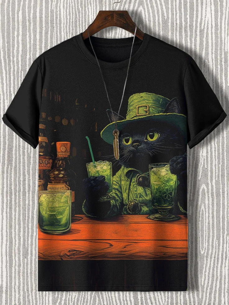 Men's St. Patrick's Day Black Cat Bar Print Casual T-Shirt