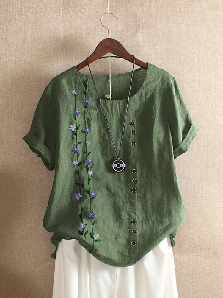 Embroidery Floral Short Sleeve Vintage T shirt For Women P1670568