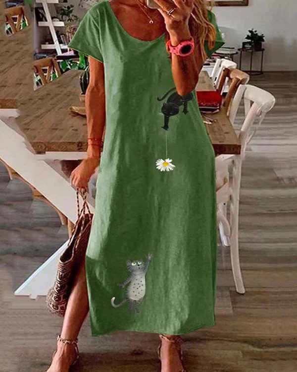 Plus Size Cartoon Cat Print Split Maxi Dress