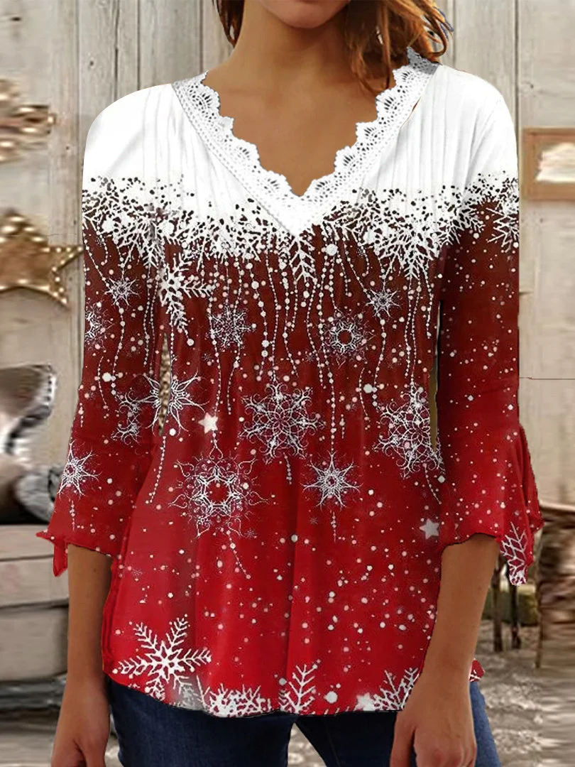 Women 3/4 Sleeve V-neck Snowflake Printed Lace Christmas Tops