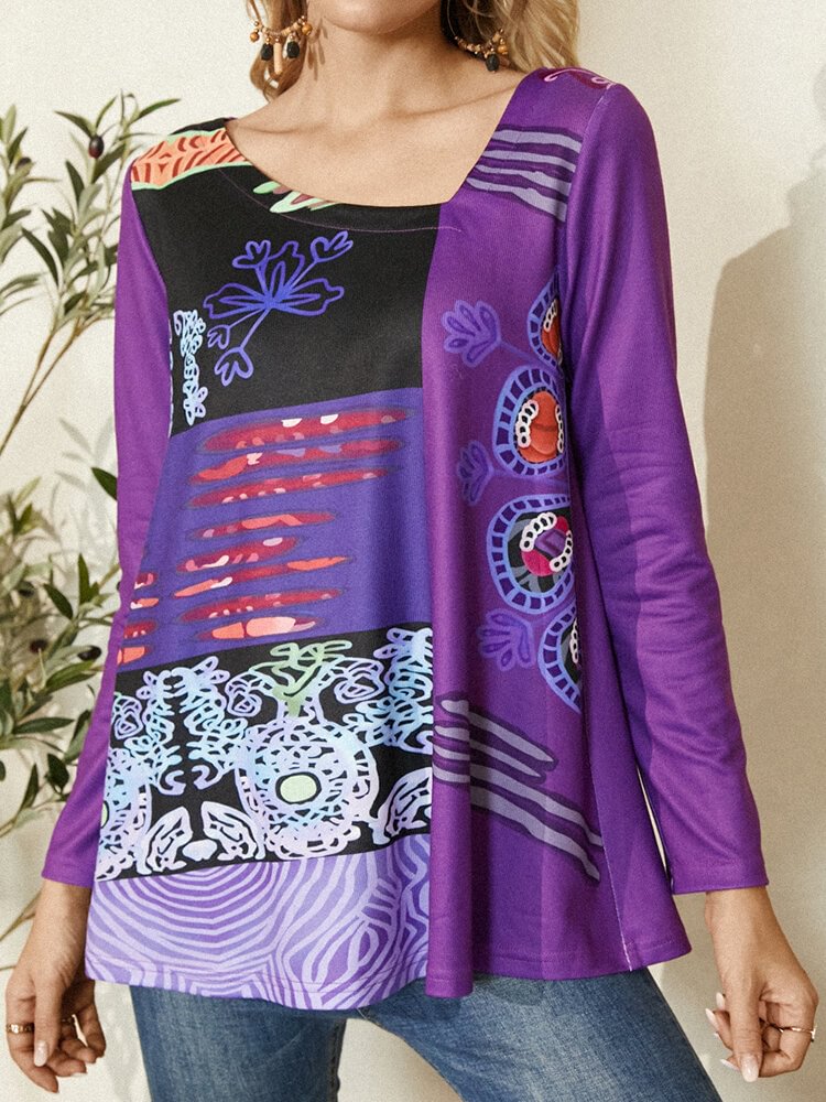 Ethnic Print Asymmetrical Collar Long Sleeve Casual T shirt for Women P1811385