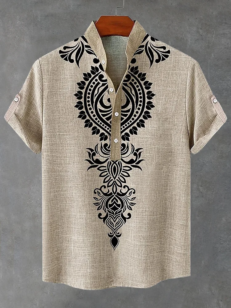 Men's Black Tribal Print Half Button Linen Blend Shirt