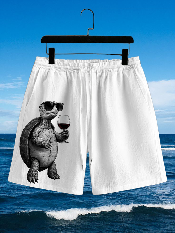 Men's Fun Vacation Turtle Drinking Art Print Casual Shorts