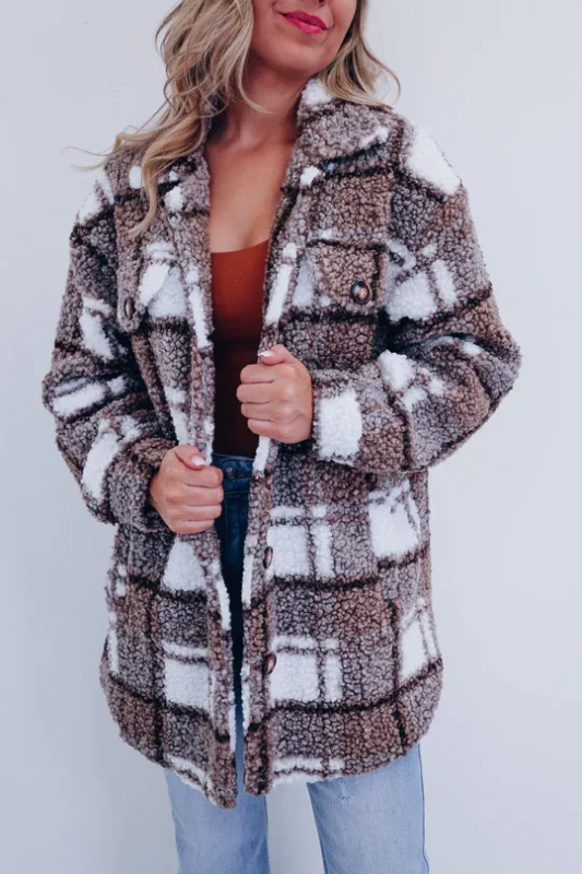 Retro casual polar fleece plaid jacket