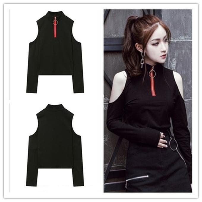 Black Open Shoulder High Collar Long-Sleeved Shirt SP179239