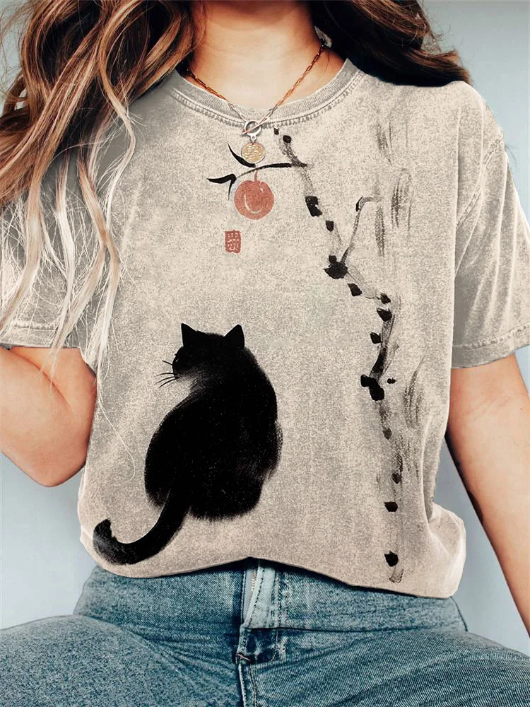 Comstylish Vintage Japanese Cat Print Casual Cozy T-shirt