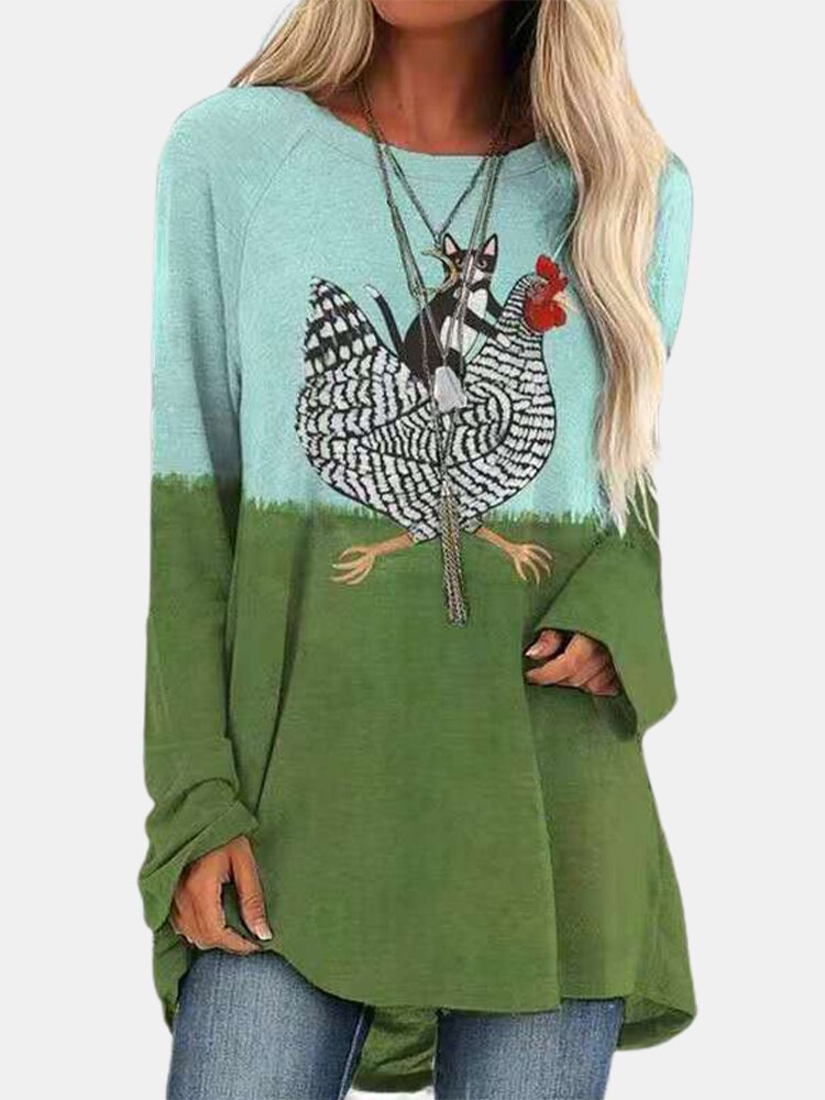 Cartoon Cat Chick Print O neck Long Sleeve T Shirt For Women P1782660