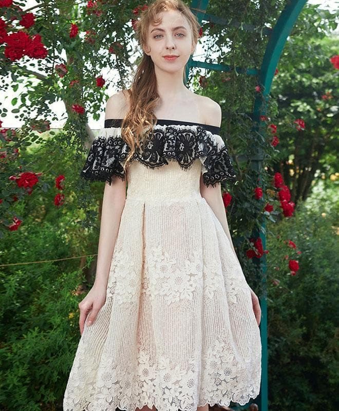 Cute Champagne Lace Short Prom Dress, Champagne Homecoming Dress