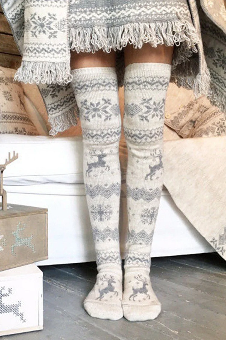 Christmas Elk Snowflake Pattern Colorblock Over The Knee Socks