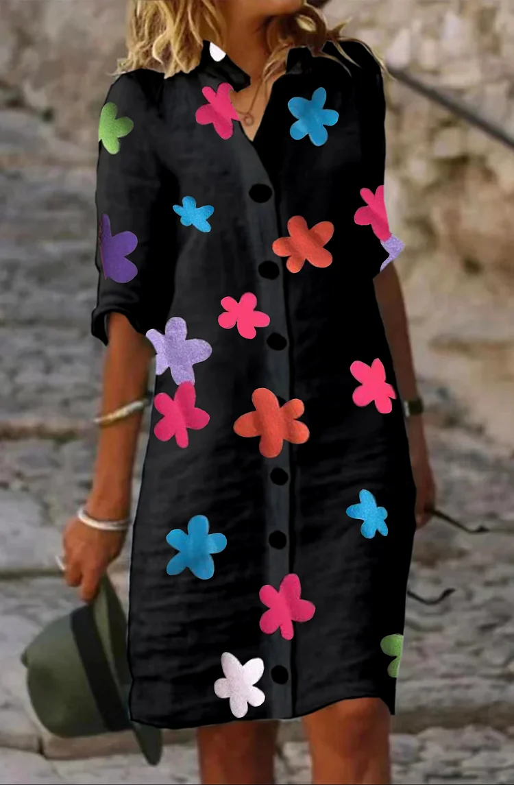 Black Flower Plain Cotton Casual Dress
