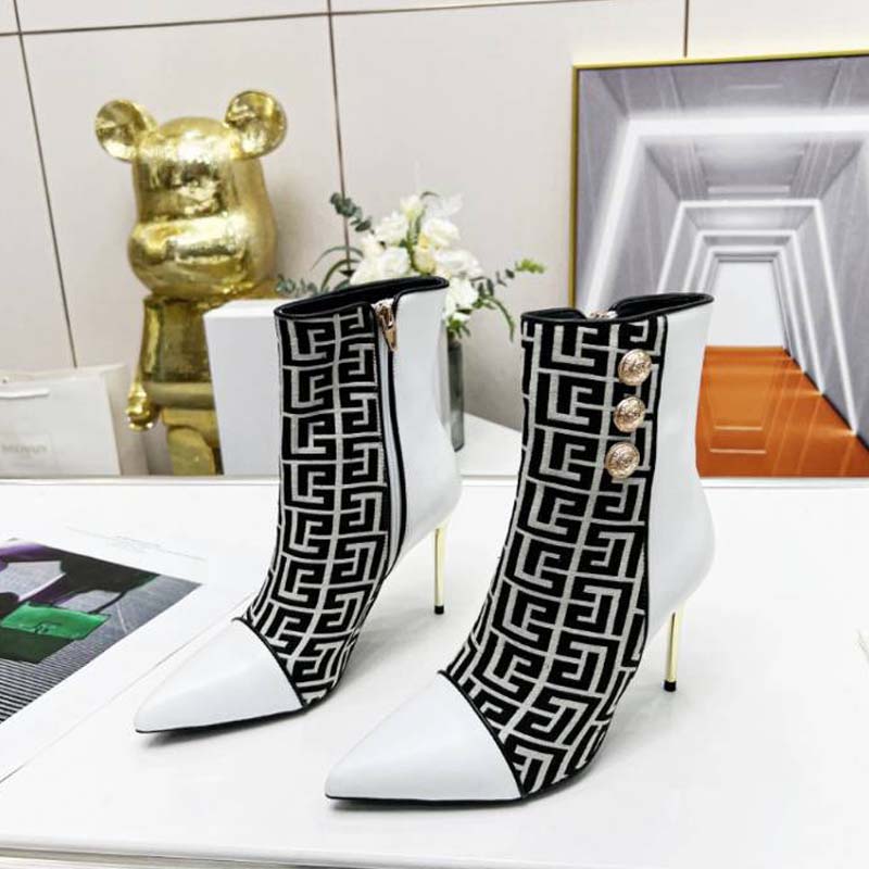 VCSHOES Gold Buttons Metal Heel Short Boots Women Pointed Toe Print Patchwork Ankle Boots Retro Side Zip Botas Mujer