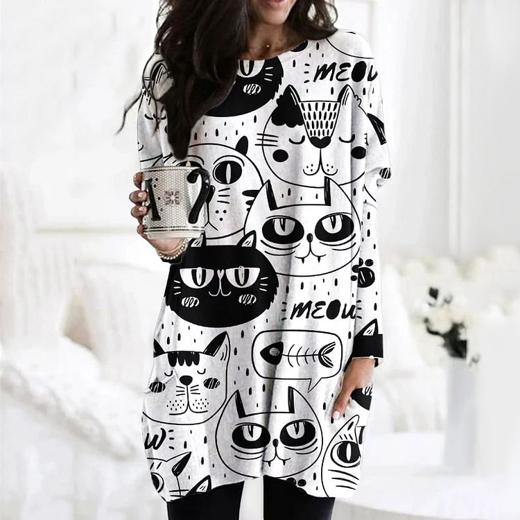 Vefave Cat Print Crew Neck Casual Tunic
