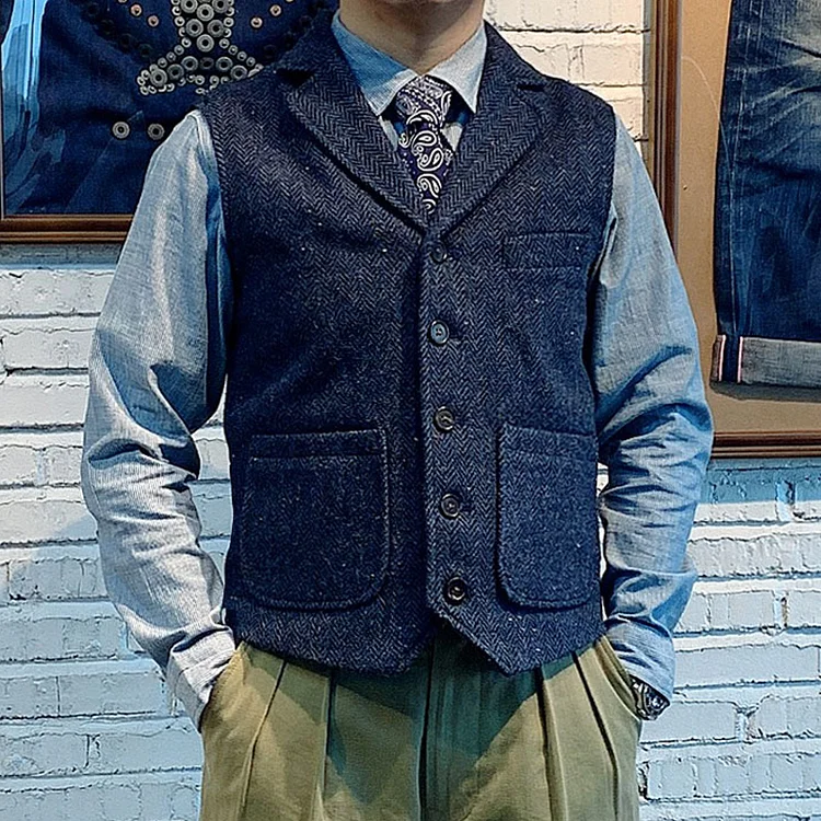 TIMSMEN Classic Wool Tweed Waistcoat Retro Men's Herringbone Lapel Vest