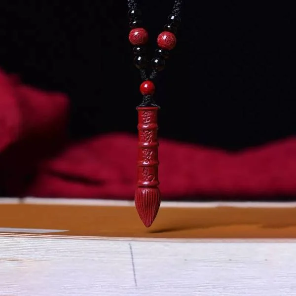 Natural Cinnabar Pen and Ink Key Pendant Necklace