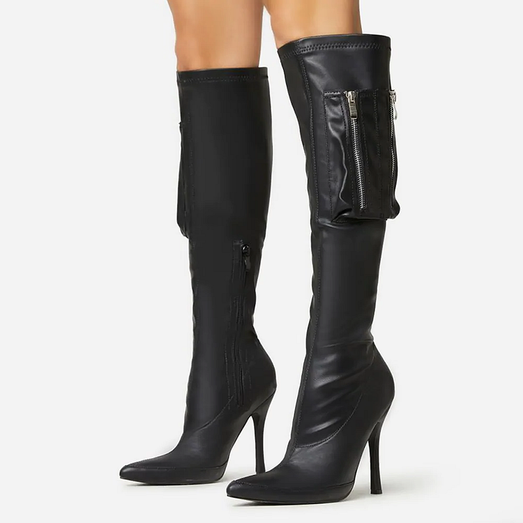 Pointed Toe Stiletto Heel Zipper Up Shoes Vintage Knee High Boots |FSJ Shoes