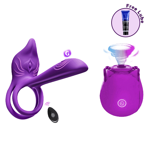 The Ultimate Purple Duo: Royaleye Vibrating Cock Ring & The Original Rose Suction Toy By Rose Toy