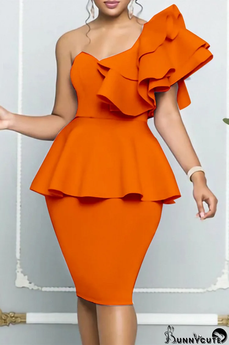 Orange Fashion Sexy Formal Solid Patchwork Backless Oblique Collar Evening Dress