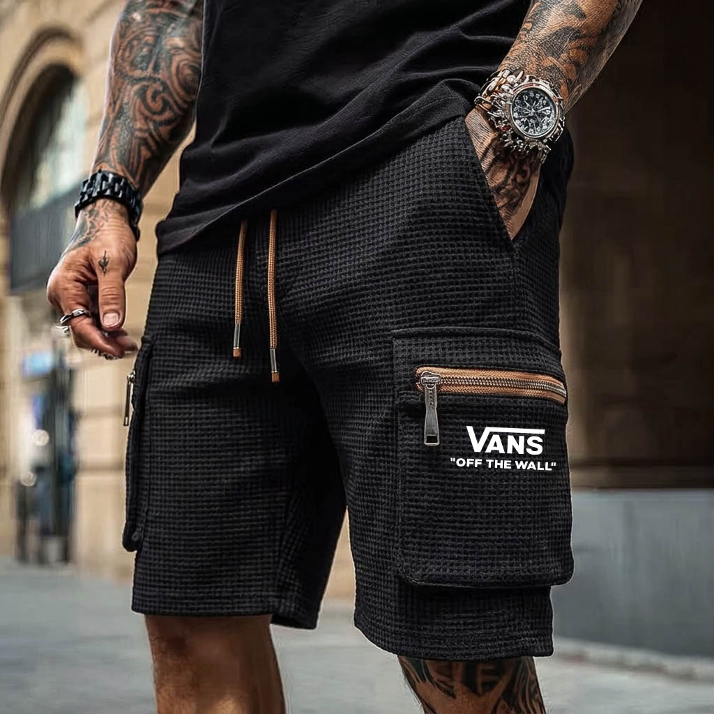 Men's Vintage Waffle Knit Surfing Zipper Pockets Elastic Waist Cargo Shorts