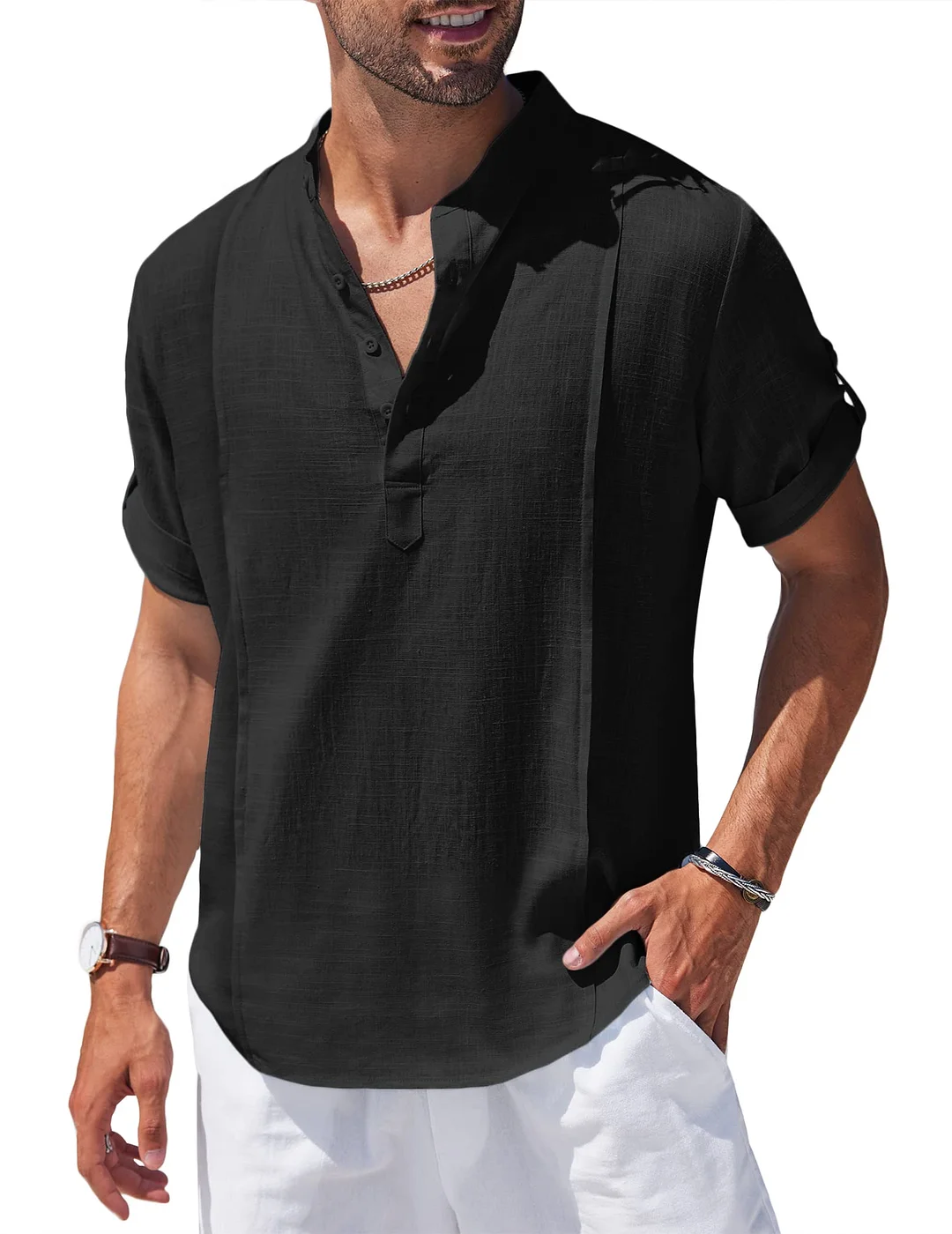Men's Linen Cotton Henley Shirt Casual Beach Hippie Shirts Short Sleeve T Shirts