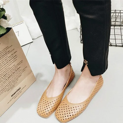 Khaki Pearl Hollow Out Flats - Vintage Comfortable Style Vdcoo
