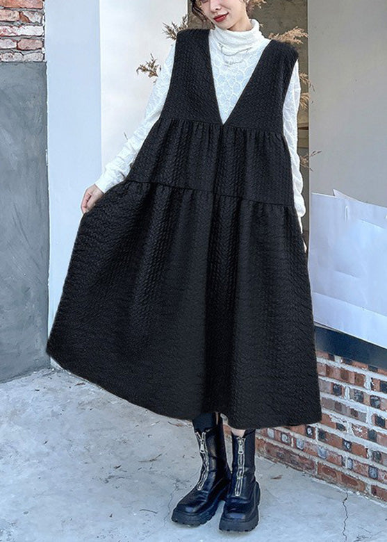 V-neck Denim Patchwork Black Dress