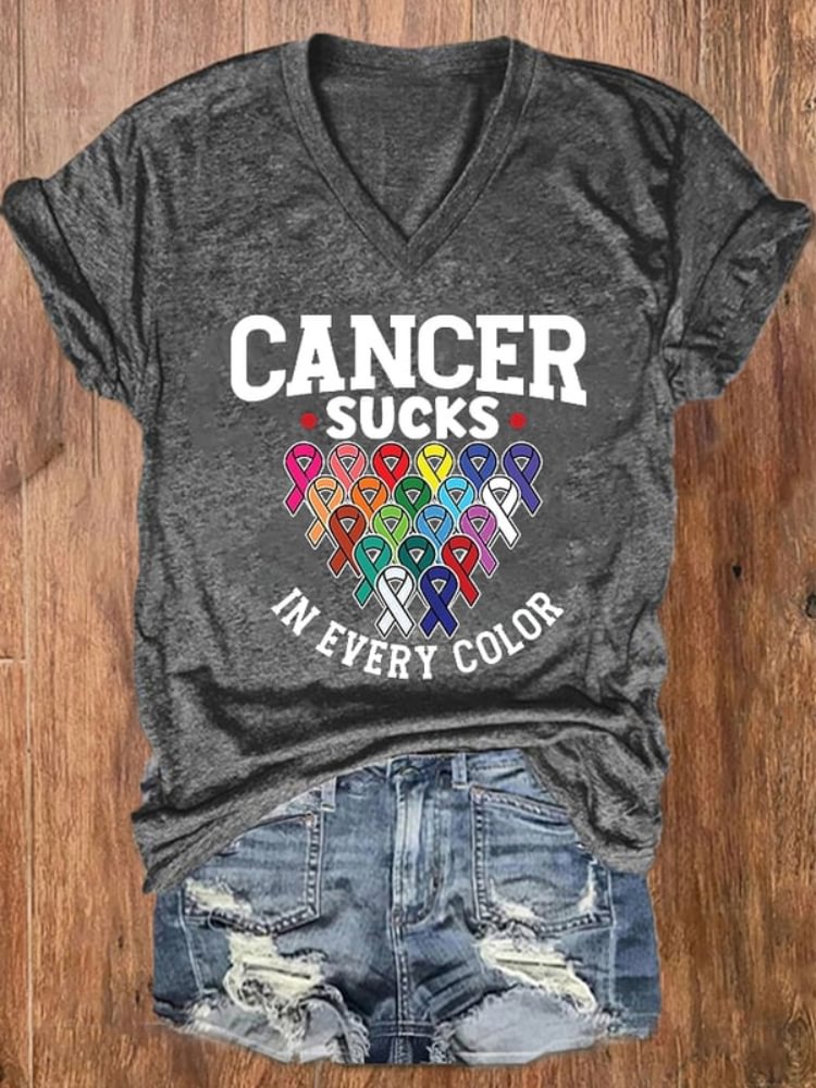 Cancer Sucks In Every Color Ribbon V Neck T Shirt