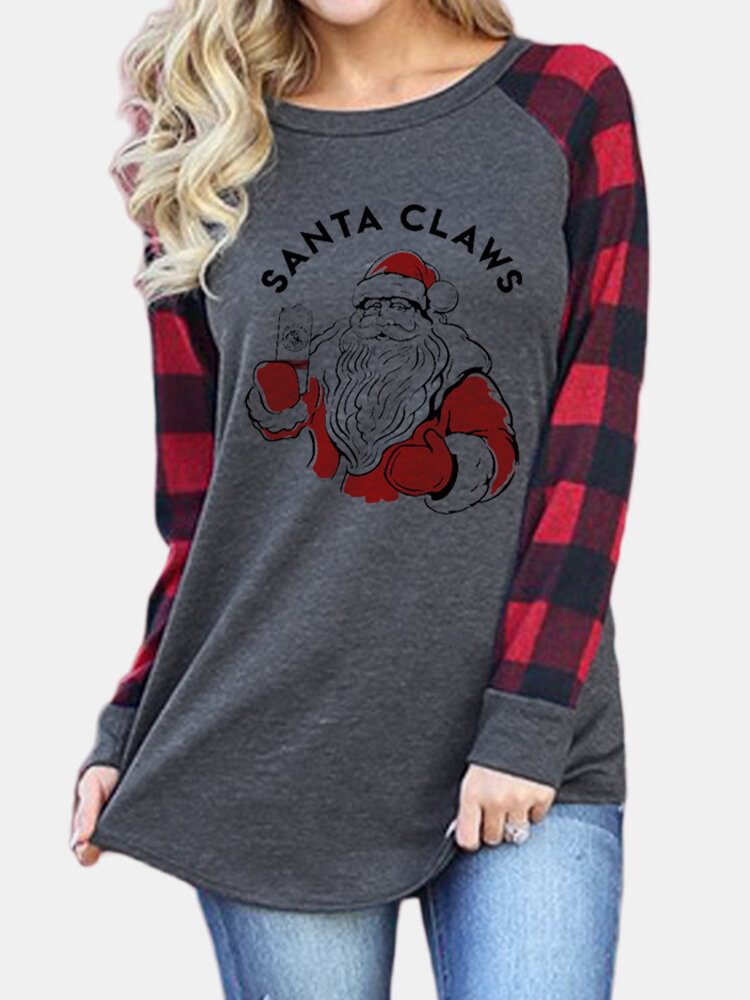 Christmas Letter Print Plaid Patchwork Long Sleeve O neck T Shirt P1782636
