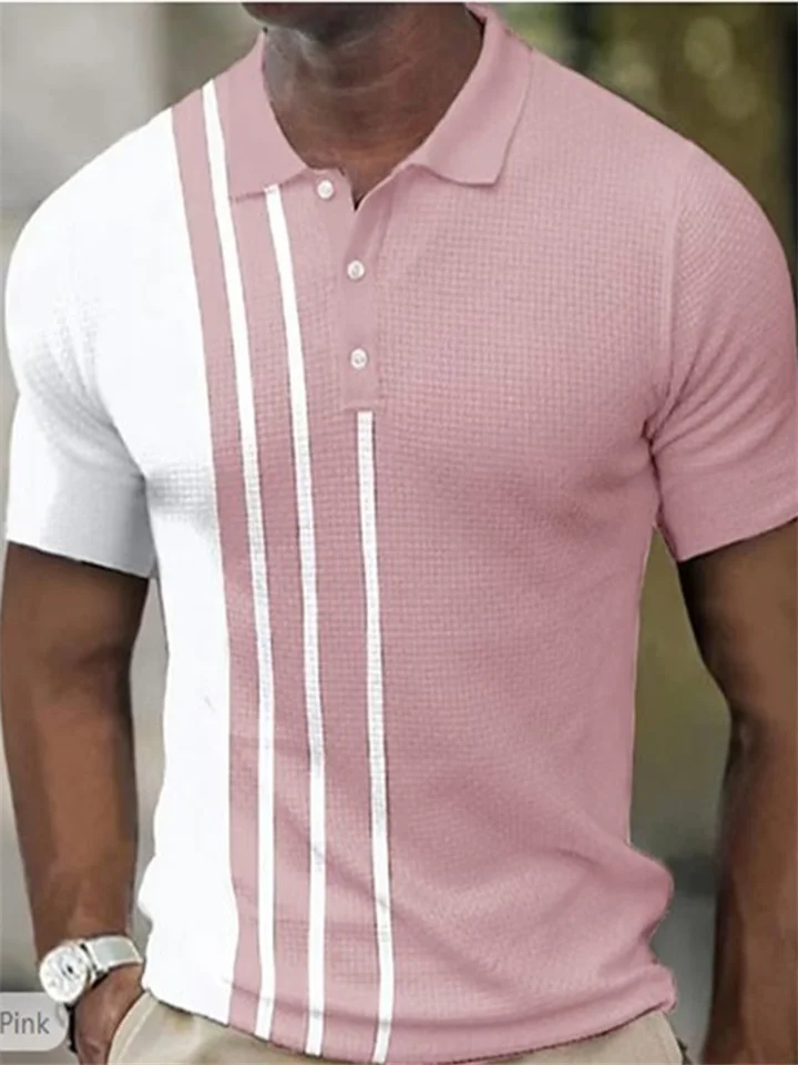 Men's Golf Shirt Waffle Polo Shirt Work Street Polo Collar Classic Short Sleeve Fashion Casual Striped Button Front Summer Spring Spring & Summer Regular Fit Black Pink Army Green Blue Light Grey-JRSEE