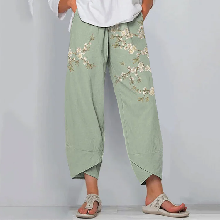 Comstylish Japanese Art Flower Print Loose Casual Pants
