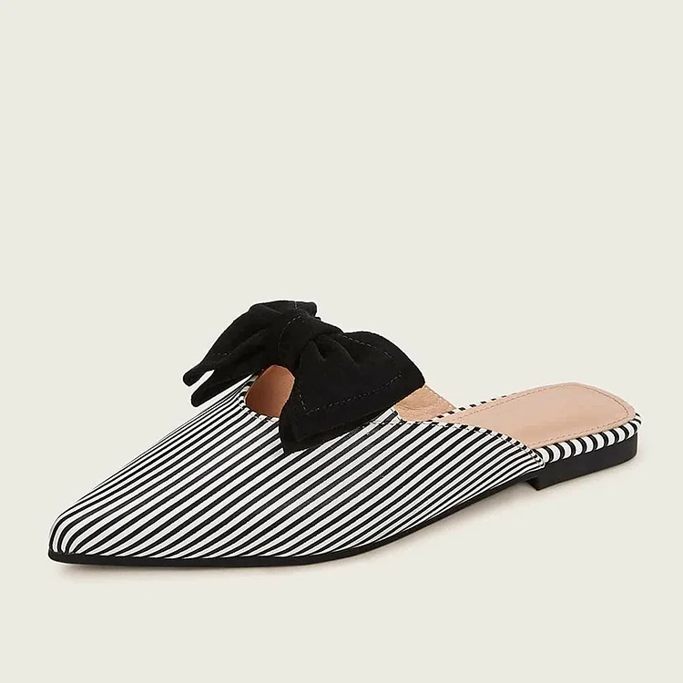 Black Pointed Toe Flats Bow Embellished Striped Mules for Women |FSJ Shoes