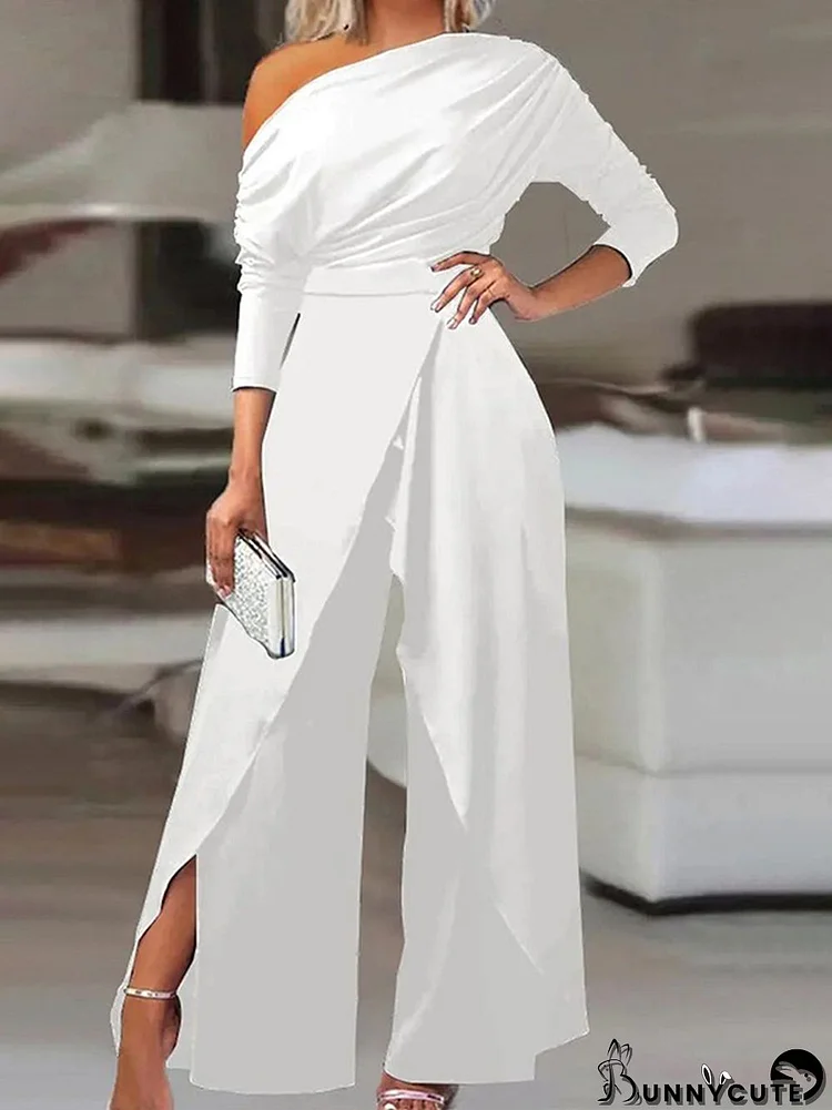 Solid Color One-Shoulder Long Sleeves T-Shirt + High-Waisted Wide Leg Pants Trousers Two Pieces Set