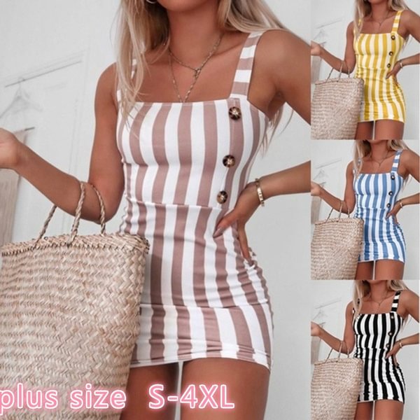 Women Vintage Vertical Striped Mini Button Cami Spring and Summer Dresses - BlackFridayBuys