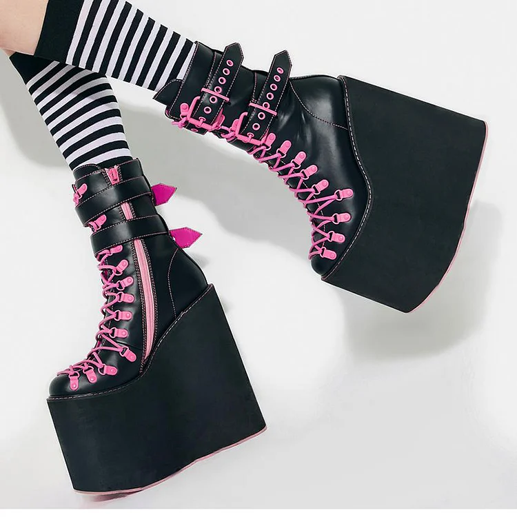 Black & Pink Lace-up High Heel Wedges Ankle Boots Vdcoo