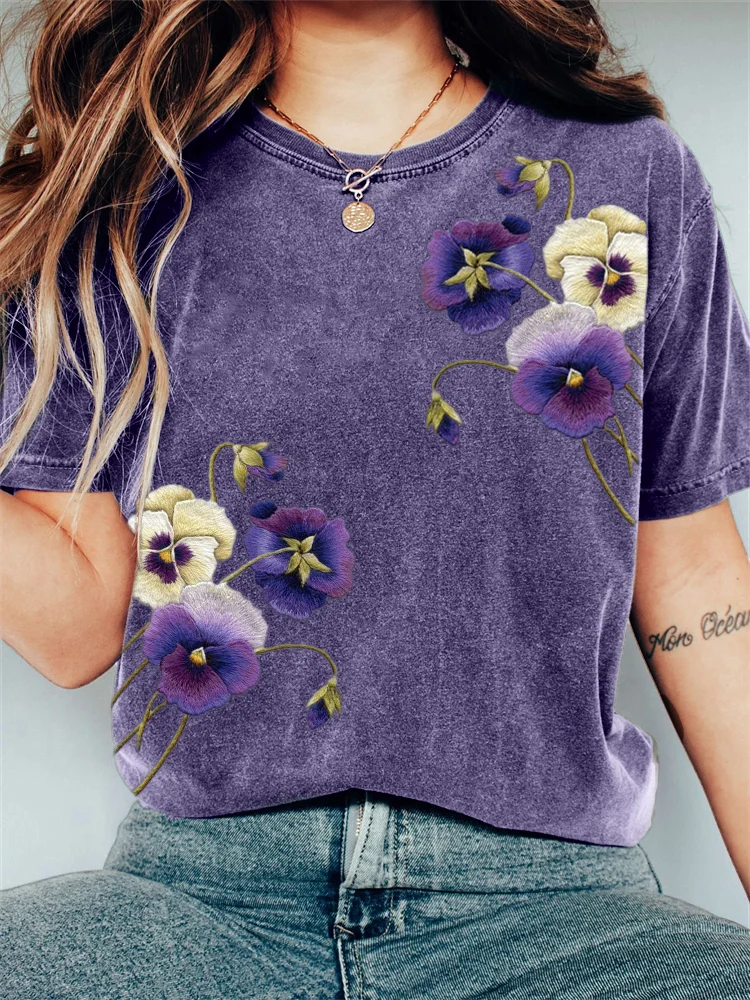 Classy Pansy Flowers Embroidered Vintage T Shirt