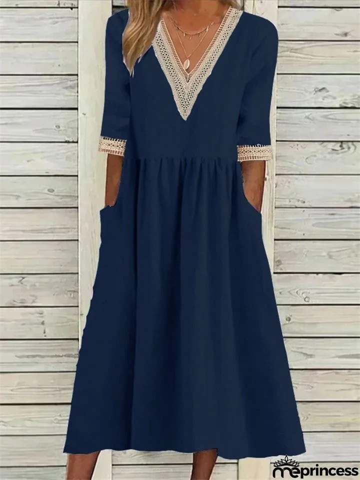 Women's Lace V Neck Half Sleeve Pocket Cotton Linen A-line Dress