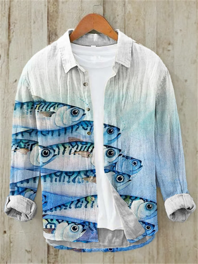 Comstylish Vintage Sardine Ocean Pattern Linen Long Sleeve Shirt