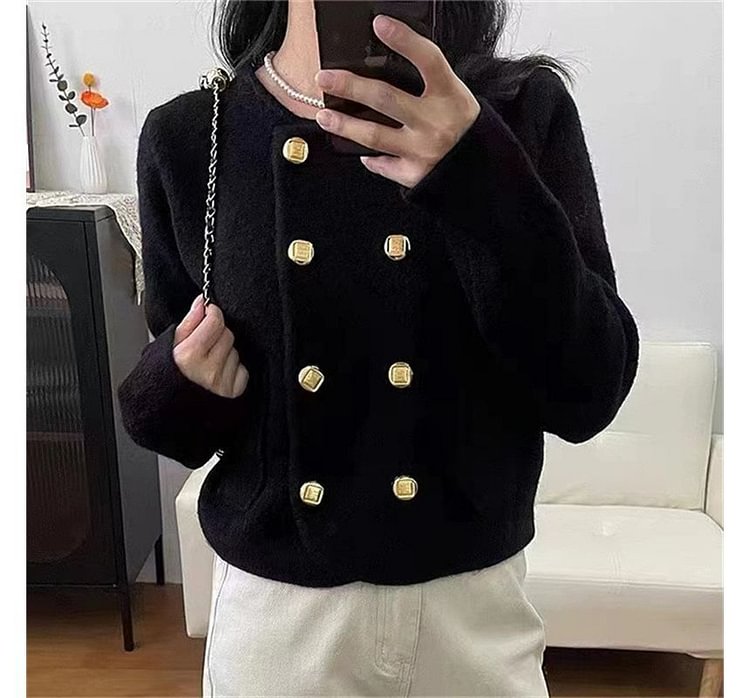 Crew Neck Plain Double-Breasted Crop Cardigan ZL3