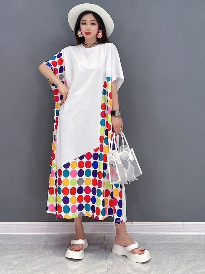 Fashion Loose Colorful Dot Print Pattern Mid Calf Dress